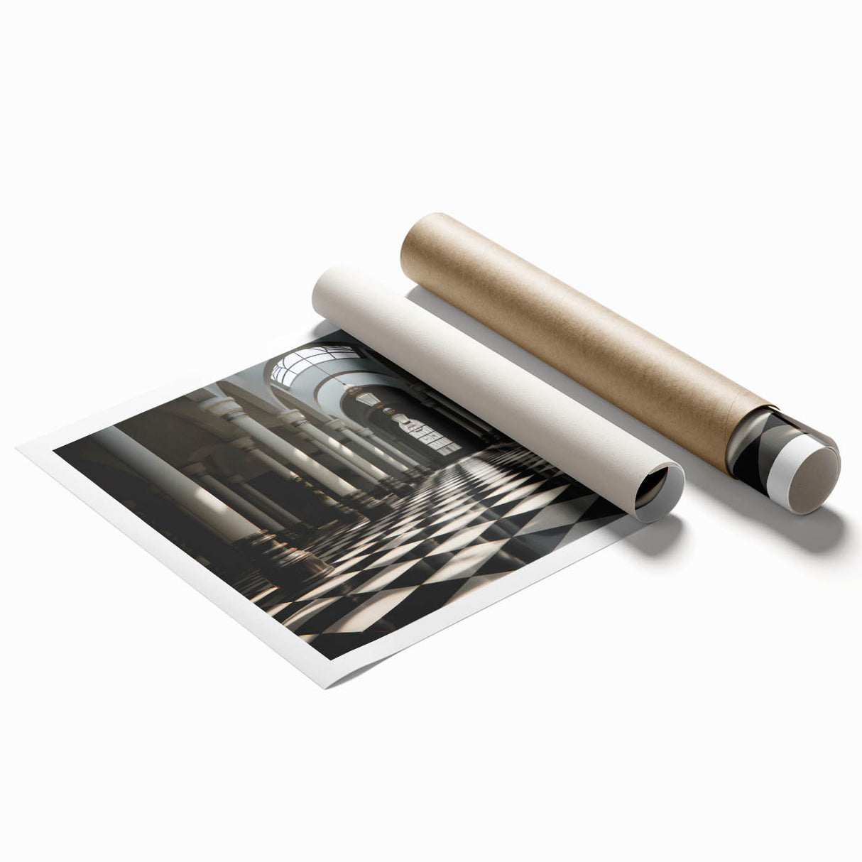 Rolled print of Greco-Roman columns in muted earth tones, ideal for classy bathroom wall art.