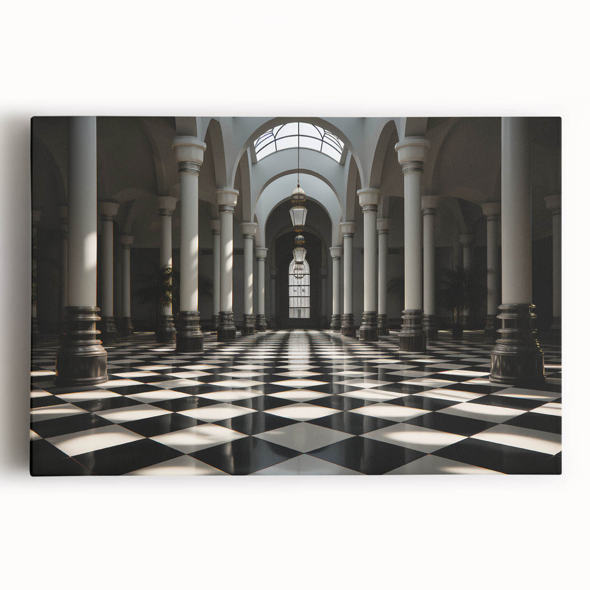 Black and white photo of classical columns on a large stretched canvas, ideal for kitchen wall art.