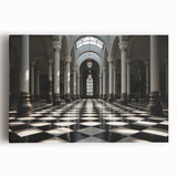 Black and white photo of classical columns on a large stretched canvas, ideal for kitchen wall art.