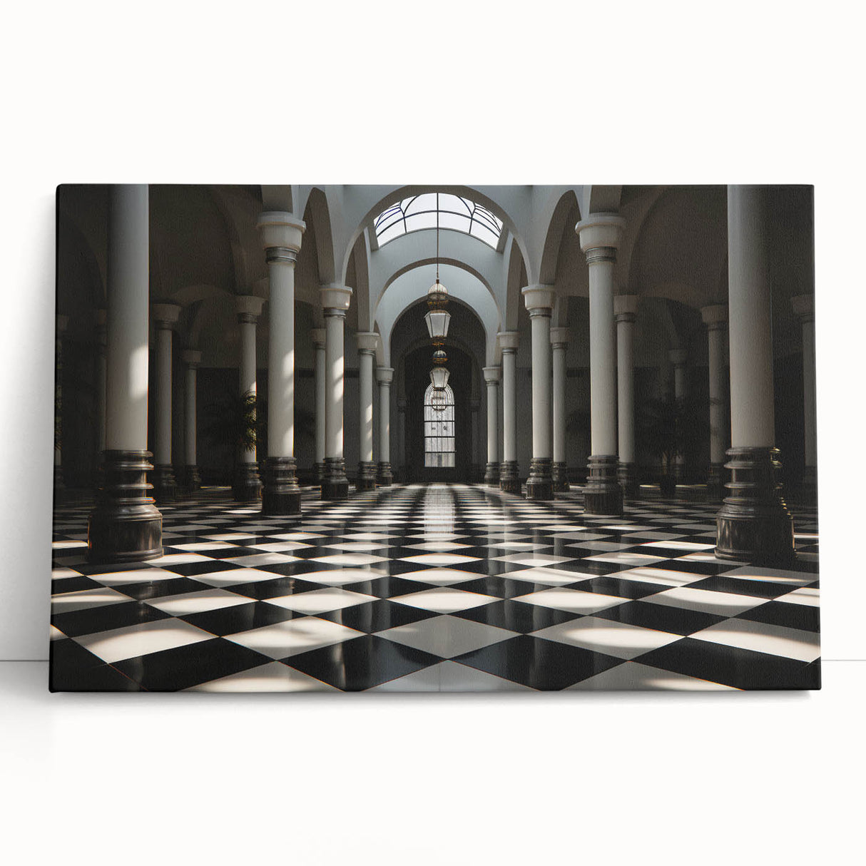 Black and white photo of classical columns on a large stretched canvas, suitable as kitchen wall art or for bedroom ambiance.