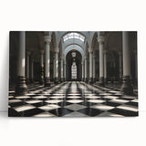 Black and white photo of classical columns on a large stretched canvas, suitable as kitchen wall art or for bedroom ambiance.