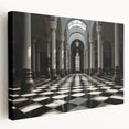 Large art on stretched canvas depicting classical architecture with columns in grayscale, suitable for kitchen wall art.