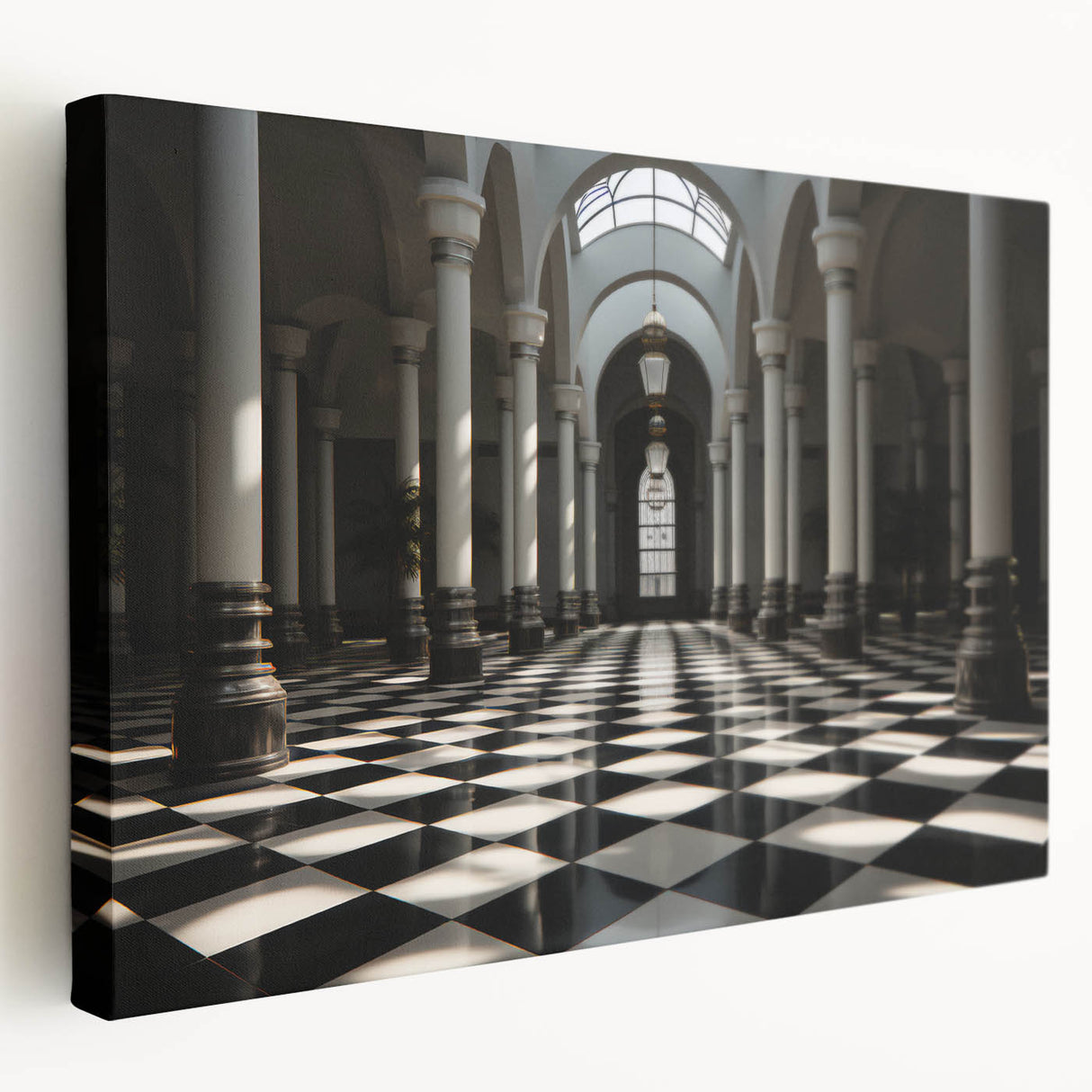 Large art on stretched canvas depicting classical architecture with columns in grayscale, suitable for kitchen wall art.