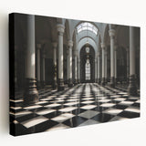Large art on stretched canvas depicting classical architecture with columns in grayscale, suitable for kitchen wall art.