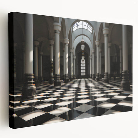 Large art on stretched canvas depicting classical architecture with columns in grayscale, suitable for kitchen wall art.