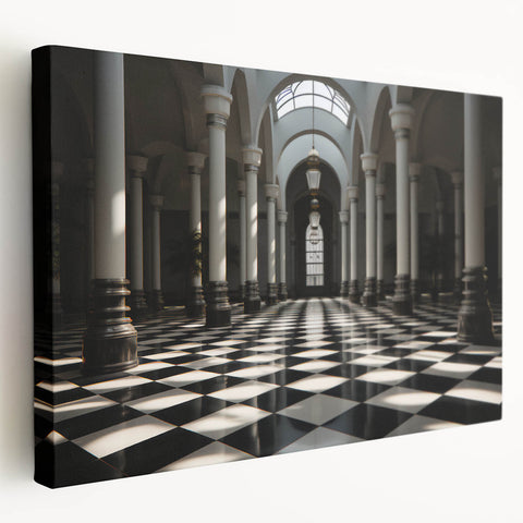 Large art on stretched canvas depicting classical architecture with columns in grayscale, suitable for kitchen wall art.
