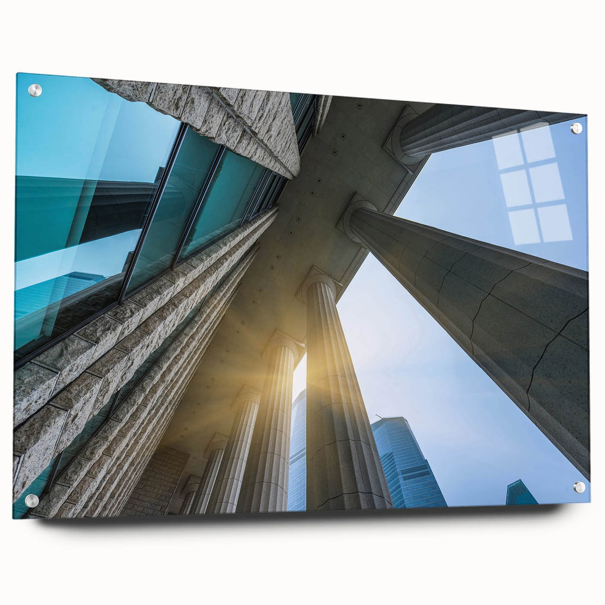 Acrylic glass print of large abstract wall art featuring architectural columns in muted gray.