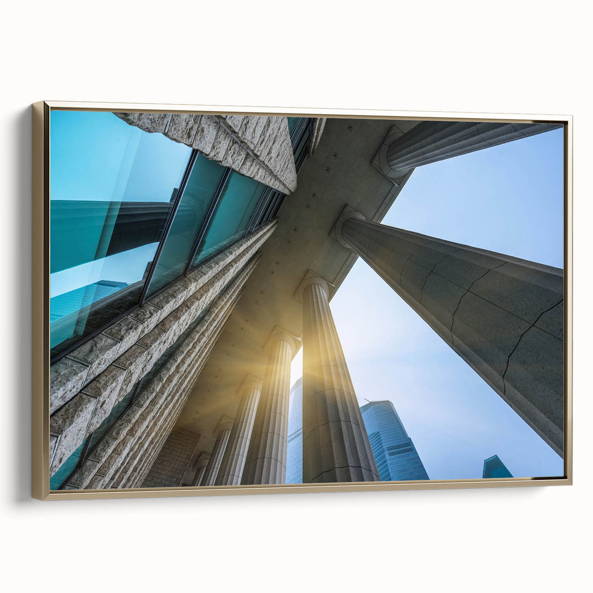 Framed canvas featuring a vintage poster art of architectural columns in black, ideal for bedroom wall decor.