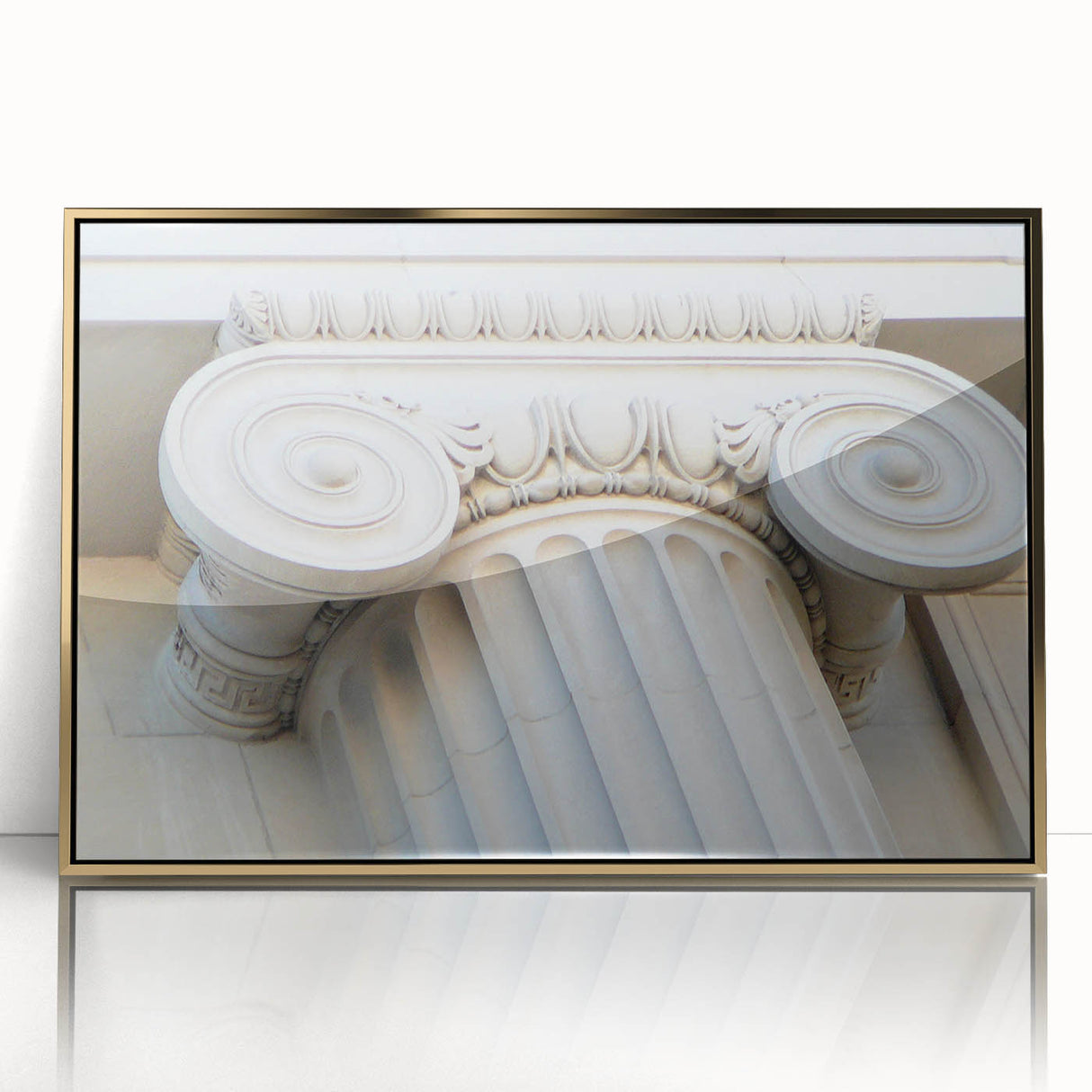 Mid-century modernist large art print featuring gold architectural columns on framed acrylic.