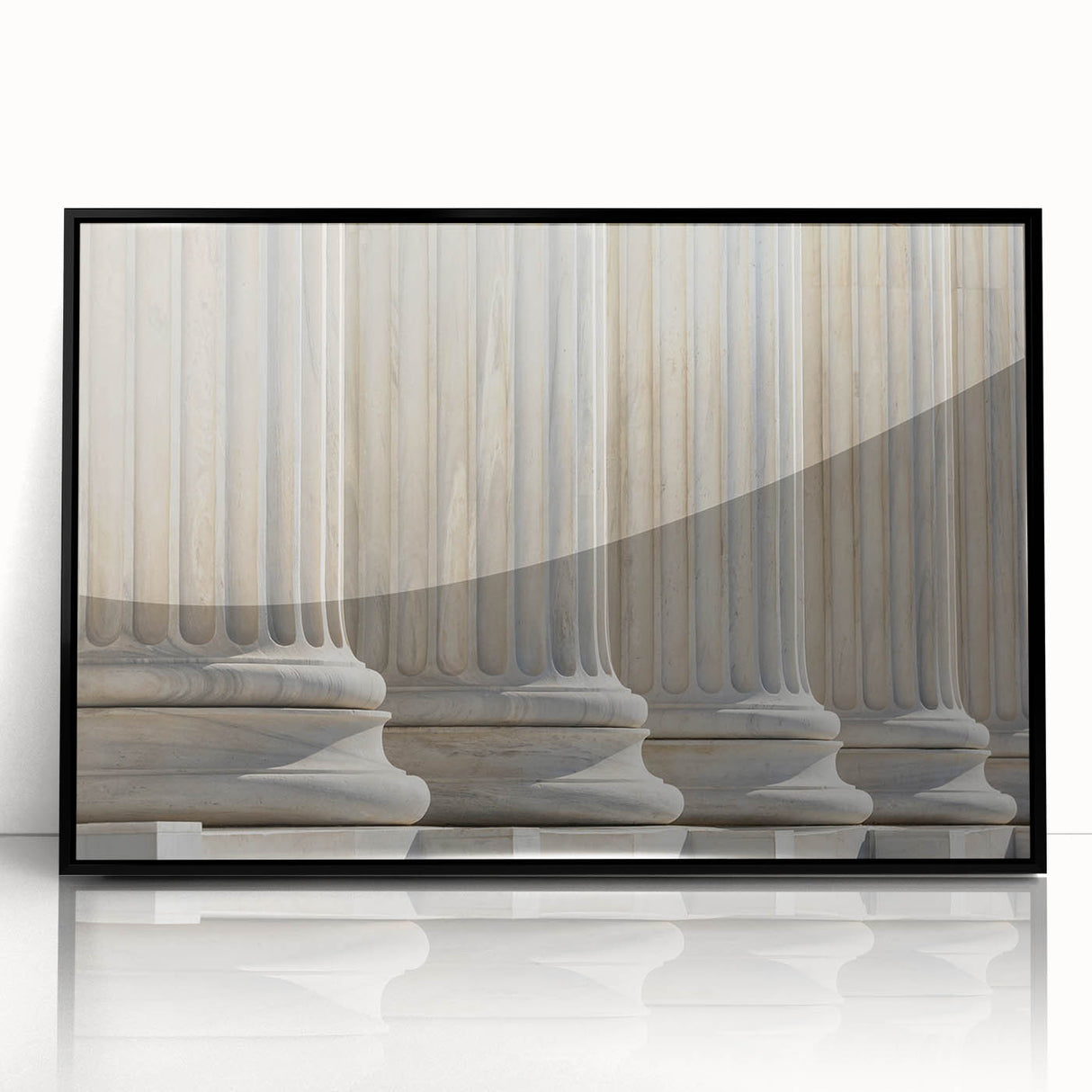 Large abstract wall art featuring black and white columns in a mid-century modernist style, acrylic print framed in black.
