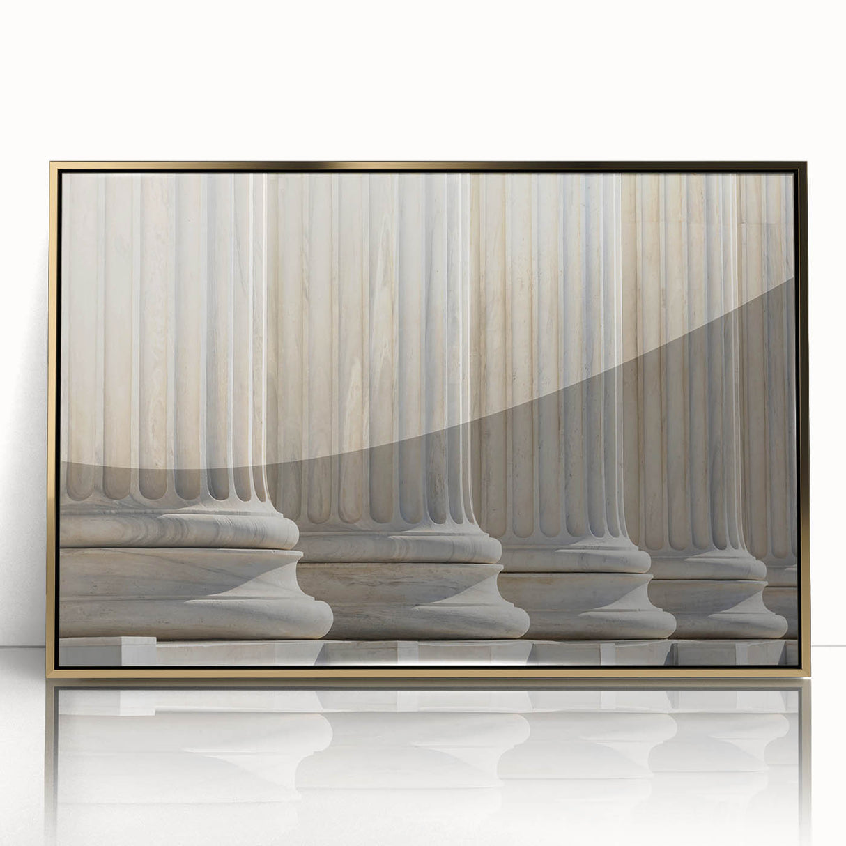 Mid-century modernist art featuring large columns in gold and white, acrylic framed print.