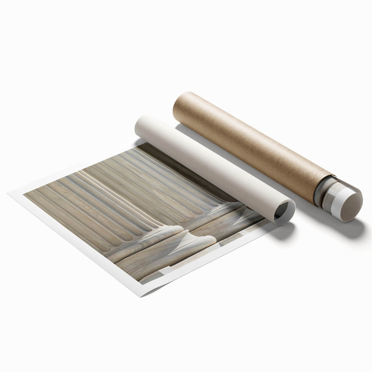 Extra large rolled print featuring a minimalist design of architectural columns in muted gray.