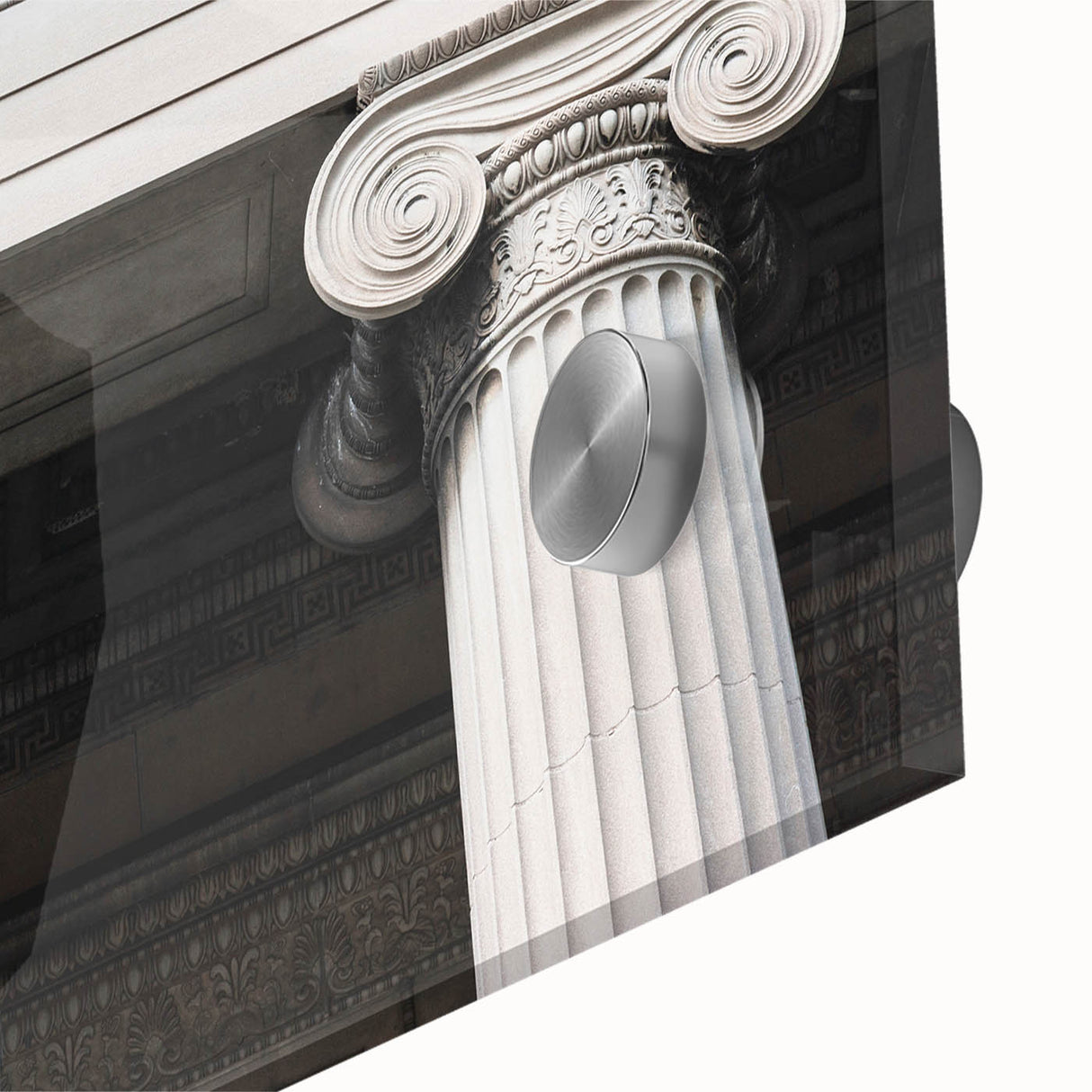 Large abstract wall art featuring mid-century modernist columns in muted grays and whites on acrylic glass.