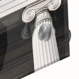Large abstract wall art featuring mid-century modernist columns in muted grays and whites on acrylic glass.