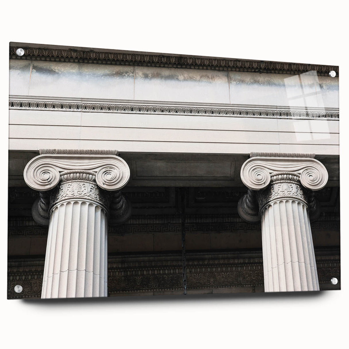 Acrylic print of large abstract wall art featuring architectural columns in muted gray.