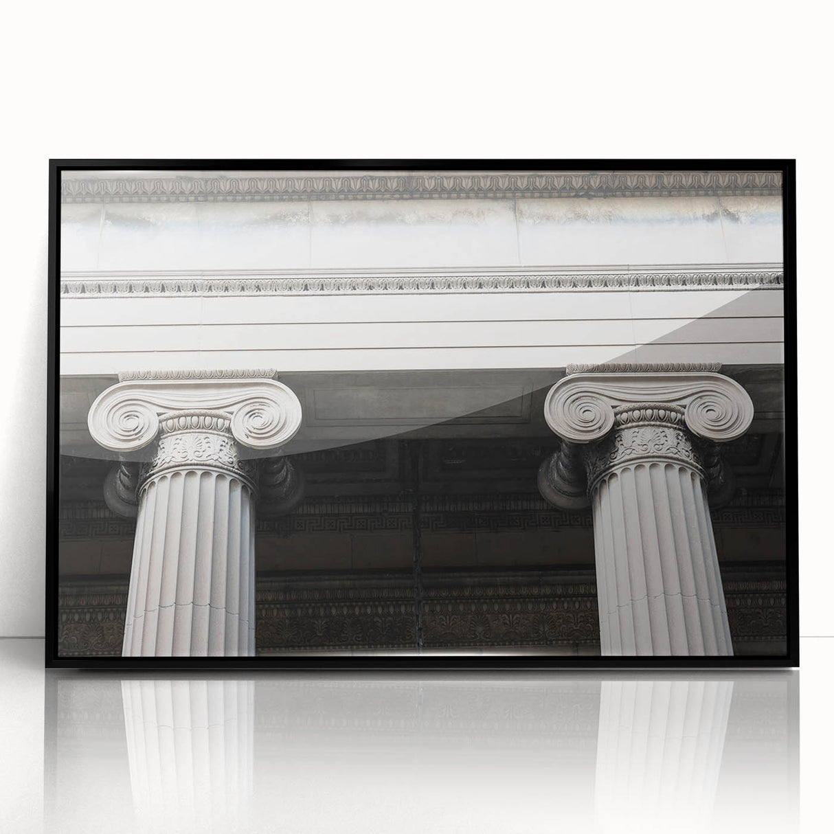 Large abstract wall art featuring black and white columns in a mid-century modernist style, framed in acrylic.