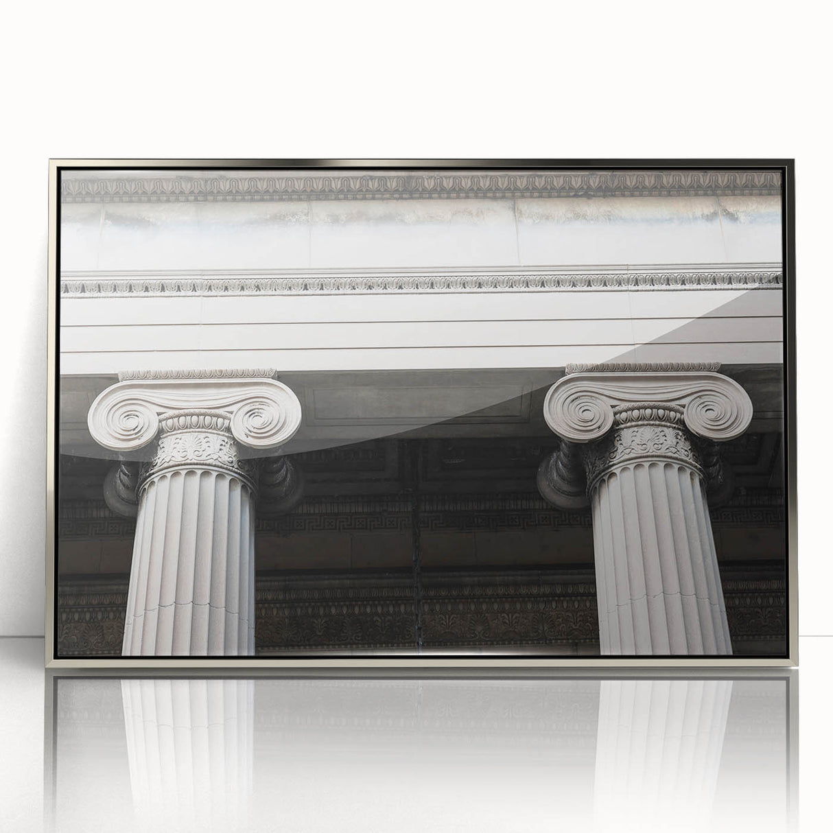 Mid-century modernist art featuring silver columns in acrylic print, ideal for modern art wall decor in a nursery.