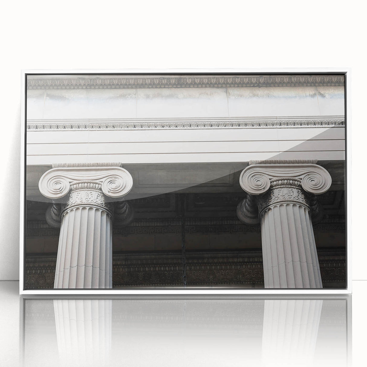 Art deco poster of white architecture columns on acrylic print, suited for nursery wall art or dining room.