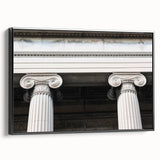 Black and white framed canvas featuring a vintage poster art design of architectural columns, ideal for bedroom wall decor.