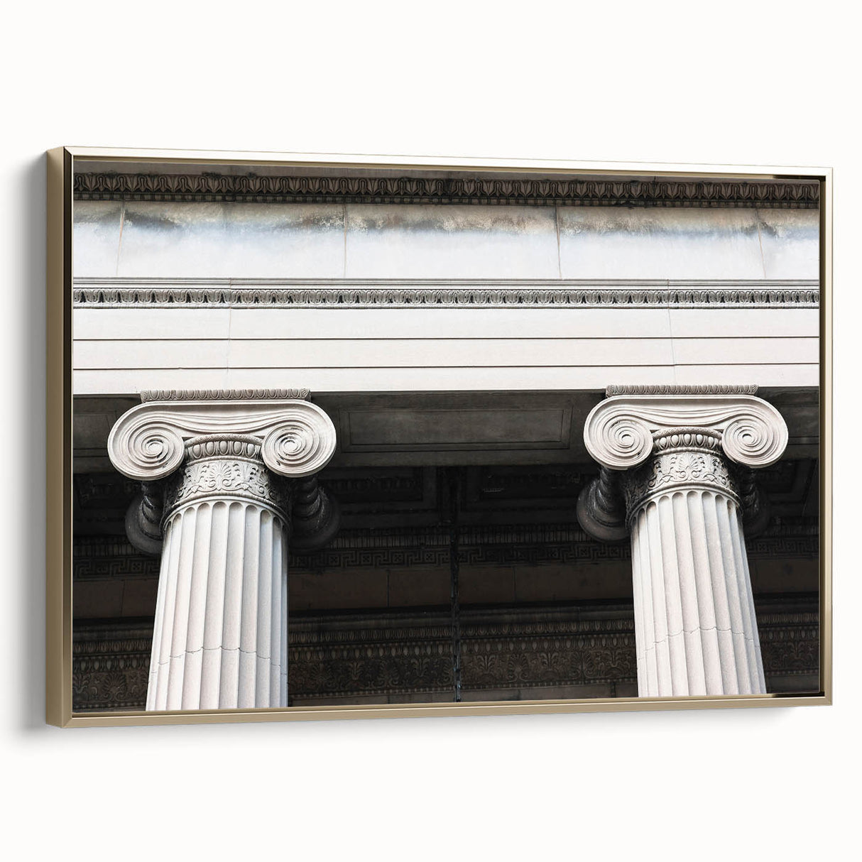 Framed canvas featuring a vintage poster of architectural columns in black, ideal for bedroom wall decor.