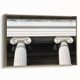 Framed canvas featuring a vintage poster of architectural columns in black, ideal for bedroom wall decor.