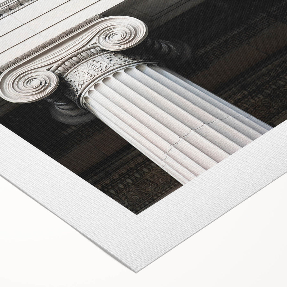 Art deco poster of ornate architectural columns in monochrome, printed on rolled canvas, suited for dining room walls.