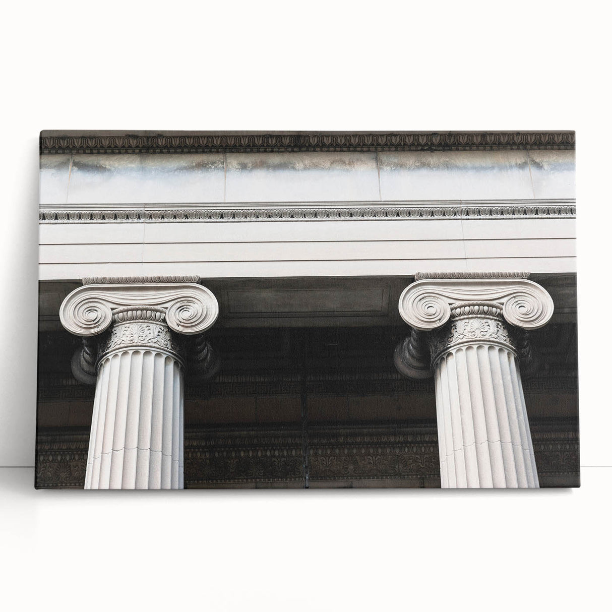 Black and white photo of classical columns on stretched canvas, ideal for kitchen wall art or bedroom.