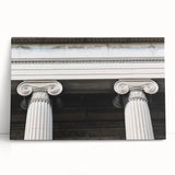 Black and white photo of classical columns on stretched canvas, ideal for kitchen wall art or bedroom.