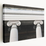 Side view of a large stretched canvas featuring a greyscale classical column design, suitable for kitchen wall art.