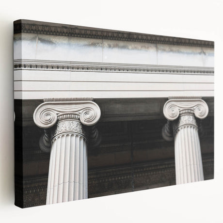 Side view of a large stretched canvas featuring a greyscale classical column design, suitable for kitchen wall art.