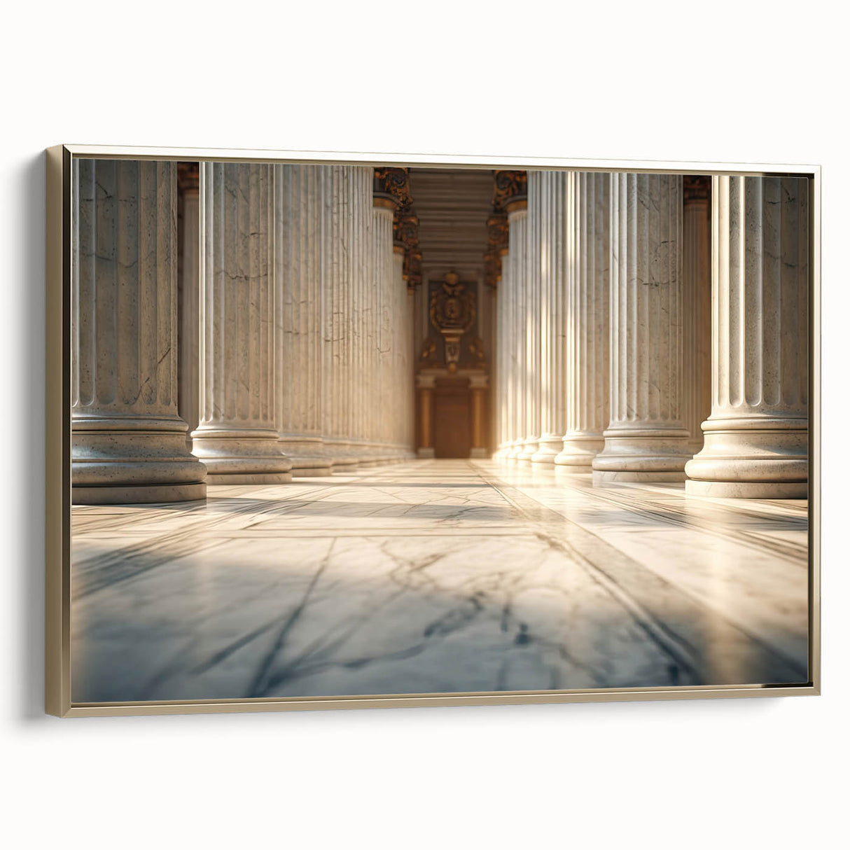 Framed canvas of black and gold vintage poster art featuring architectural columns, ideal for bedroom wall decor.