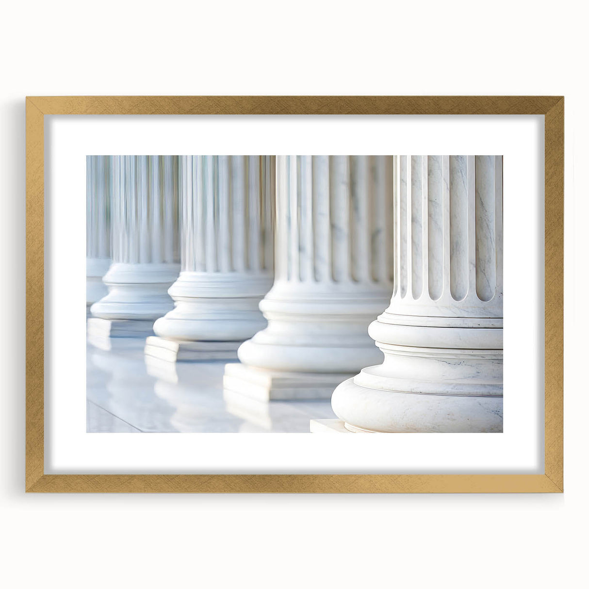 Extra large abstract art print featuring textured columns in muted gold and white, framed, ideal for living room decor.