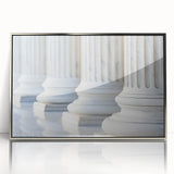 Mid-century modernist art featuring silver columns in an acrylic frame, suitable for nursery wall decor.