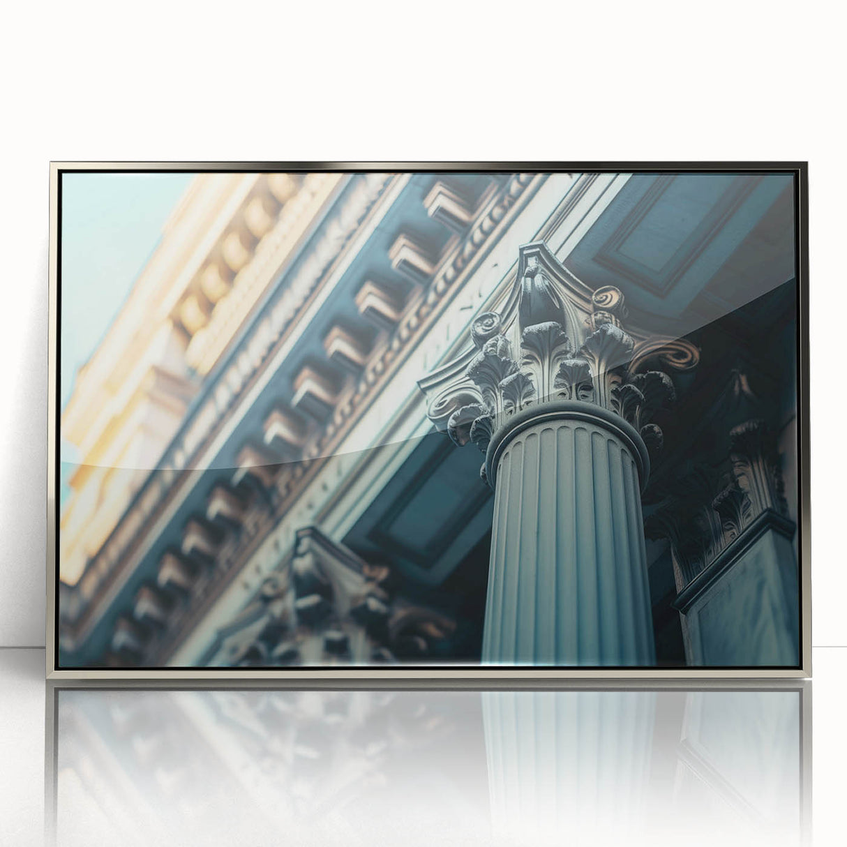 Mid-century modernist art featuring silver columns on a framed acrylic, ideal for modern art wall decor.