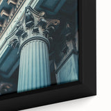 Close-up of a black wall art featuring textured columns in vibrant colors on a framed canvas, ideal for living room decor.