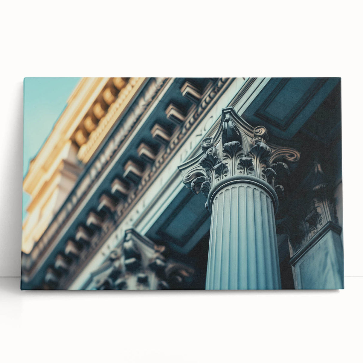 Black and white photo of classical columns on a stretched canvas, ideal for kitchen wall art or bedroom ambiance.