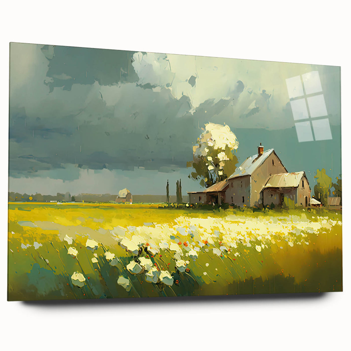 Large abstract wall art on acrylic glass, featuring geometric shapes in muted gray.