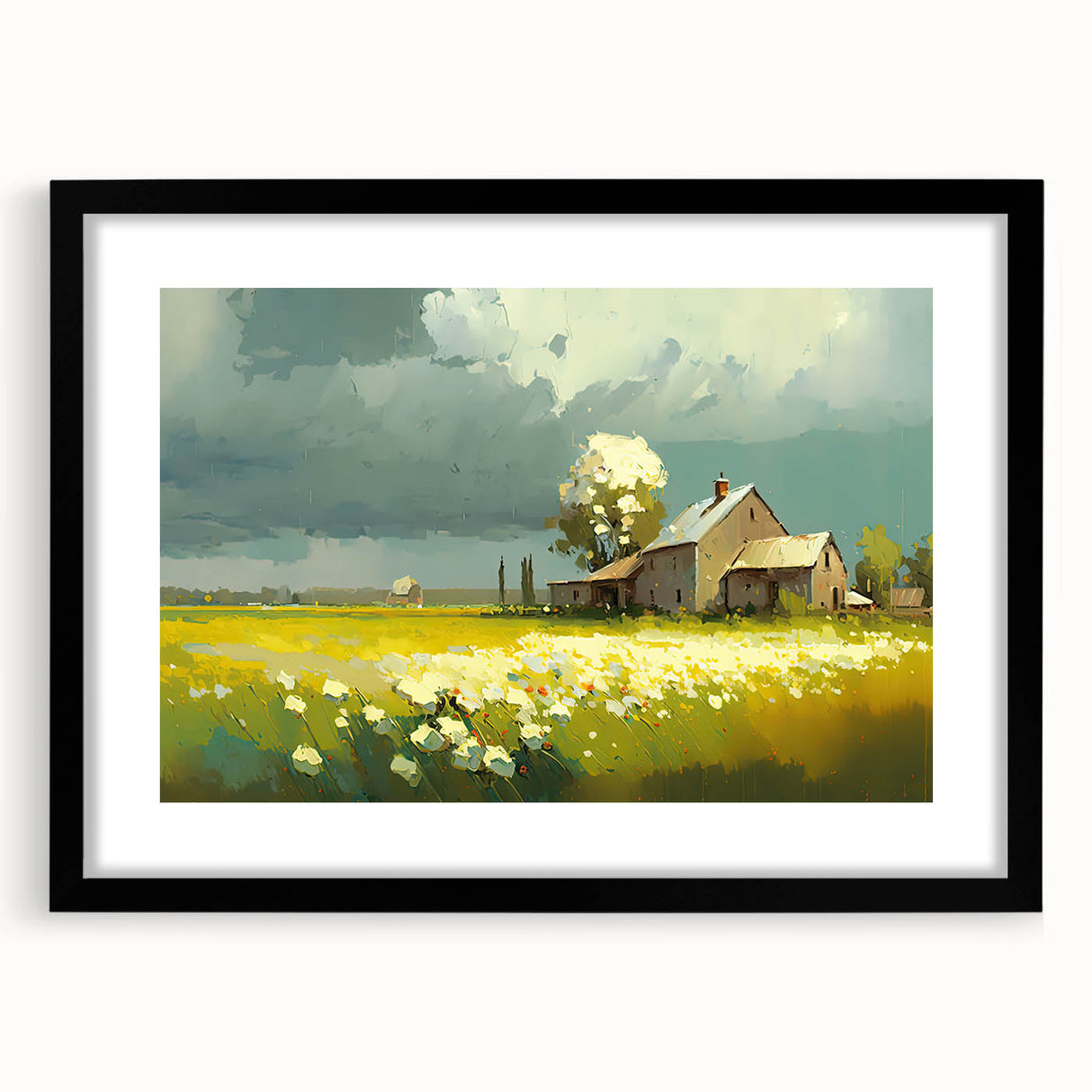 Extra large abstract art print featuring colorful, textured brush strokes on a framed black canvas.