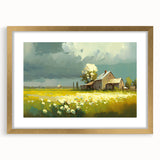 Abstract art print featuring geometric shapes in muted gold and white, framed with a gold mat.