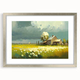 Textured abstract art print of cottages in muted earth tones, framed in silver, ideal for bedroom art.