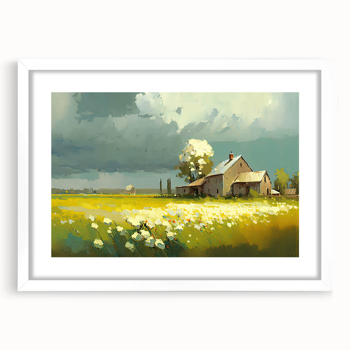 Extra large abstract art print featuring textured design of cottages in muted earth tones, framed with white mat.