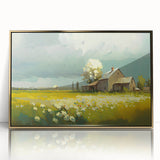 Mid-century modernist art depicting cottages in muted earth tones on a framed acrylic, ideal for nursery wall art.