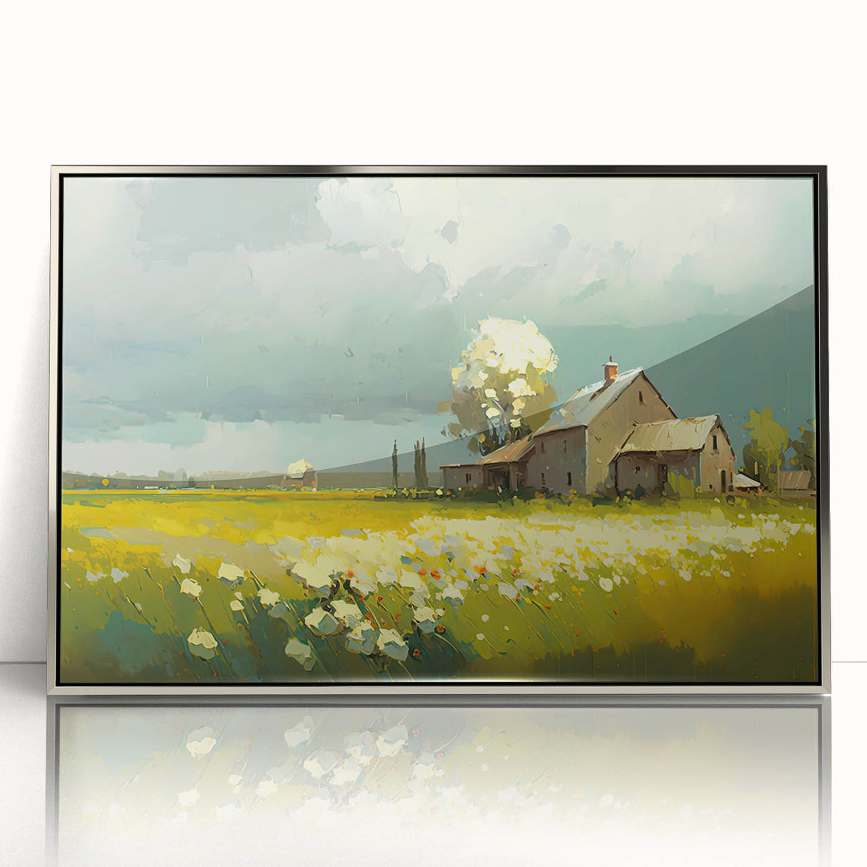 Art deco poster featuring a row of stylized cottages in silver and gray tones on a framed acrylic.