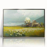 Art deco poster featuring a row of stylized cottages in silver and gray tones on a framed acrylic.