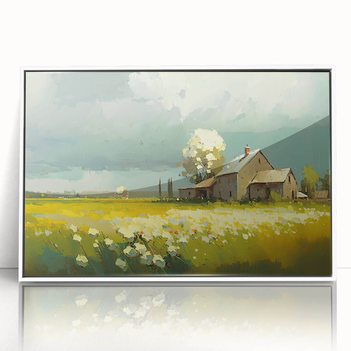 Mid-century modernist art of quaint cottages in muted earth tones on a large framed acrylic, suitable for nursery wall art.