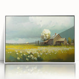 Mid-century modernist art of quaint cottages in muted earth tones on a large framed acrylic, suitable for nursery wall art.