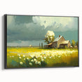 Black and white landscape art painting of cottages, framed canvas, ideal for bedroom wall decor.
