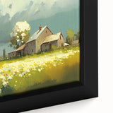 Close-up of black wall art featuring textured, colorful cottages on a framed canvas, ideal for large living room spaces.