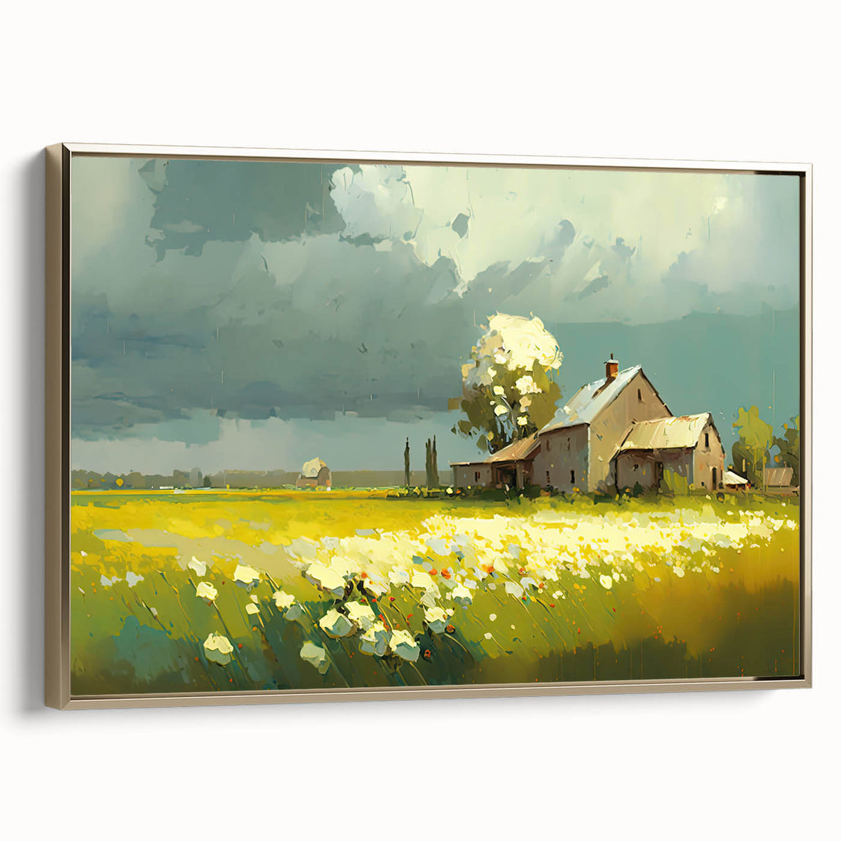 Vintage poster art of colorful cottages, framed in gold on canvas, ideal for extra large living room wall decor.