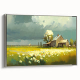 Framed canvas showing a vintage poster of black and white landscape cottages, ideal for bedroom wall art.